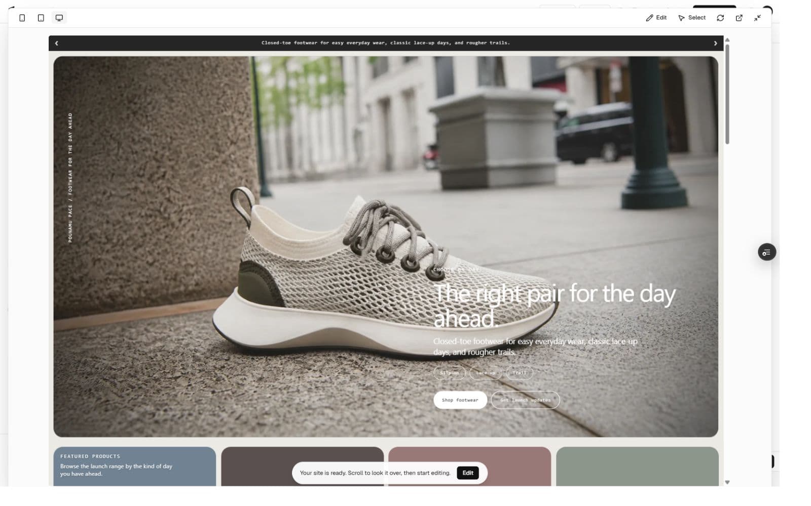 Pounamu Pacer footwear website shown in the Iter0 builder with a close product photograph