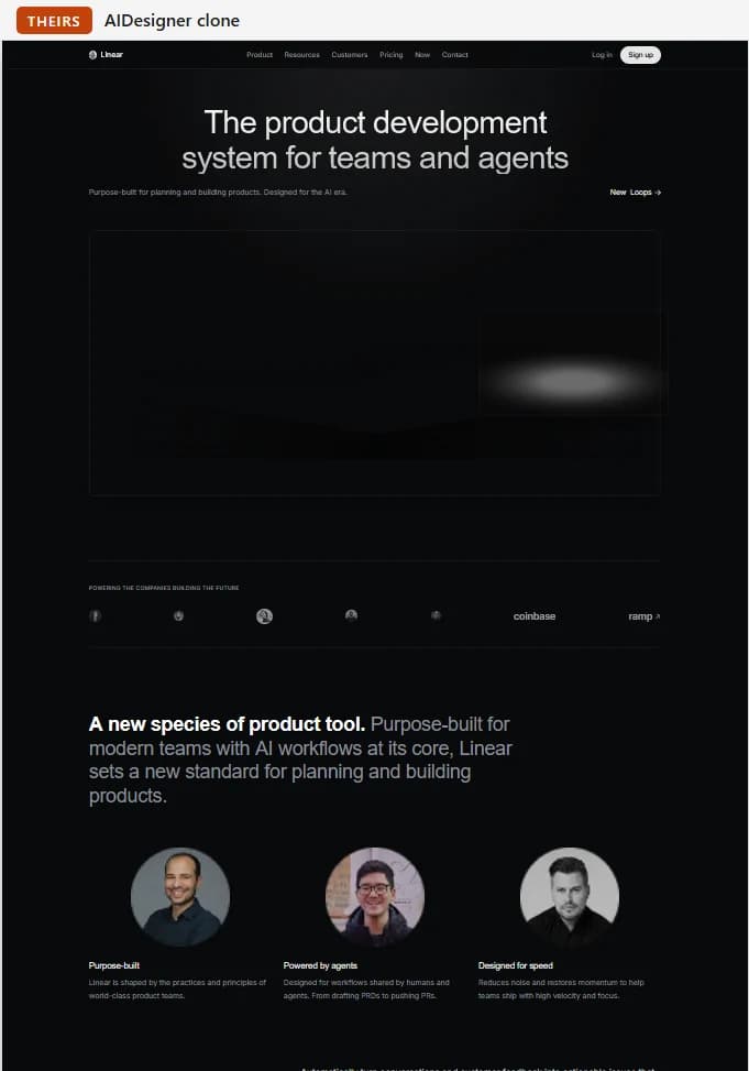 Top of a dark home page as cloned by AIDesigner, under a label reading Theirs, AIDesigner clone: a centred heading, an empty wide panel with a soft white glow, a row of five small round pictures and two word logos, a statement, and three round portrait photos with short captions.