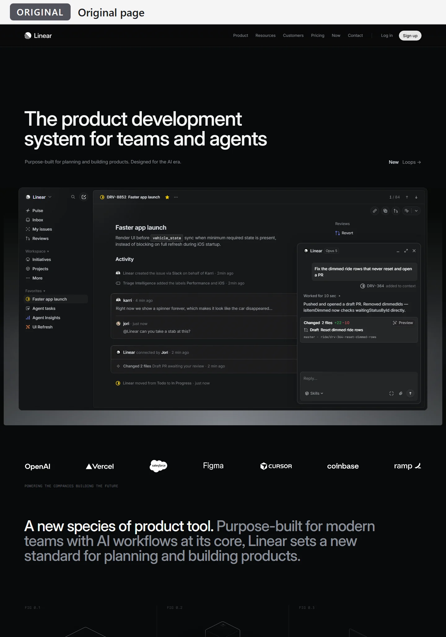 Top of the original dark home page under a label reading Original page: a left-aligned heading, a product screen with a sidebar, an open issue and an agent chat panel, a row of seven company logos, and a statement above the start of three line illustrations.