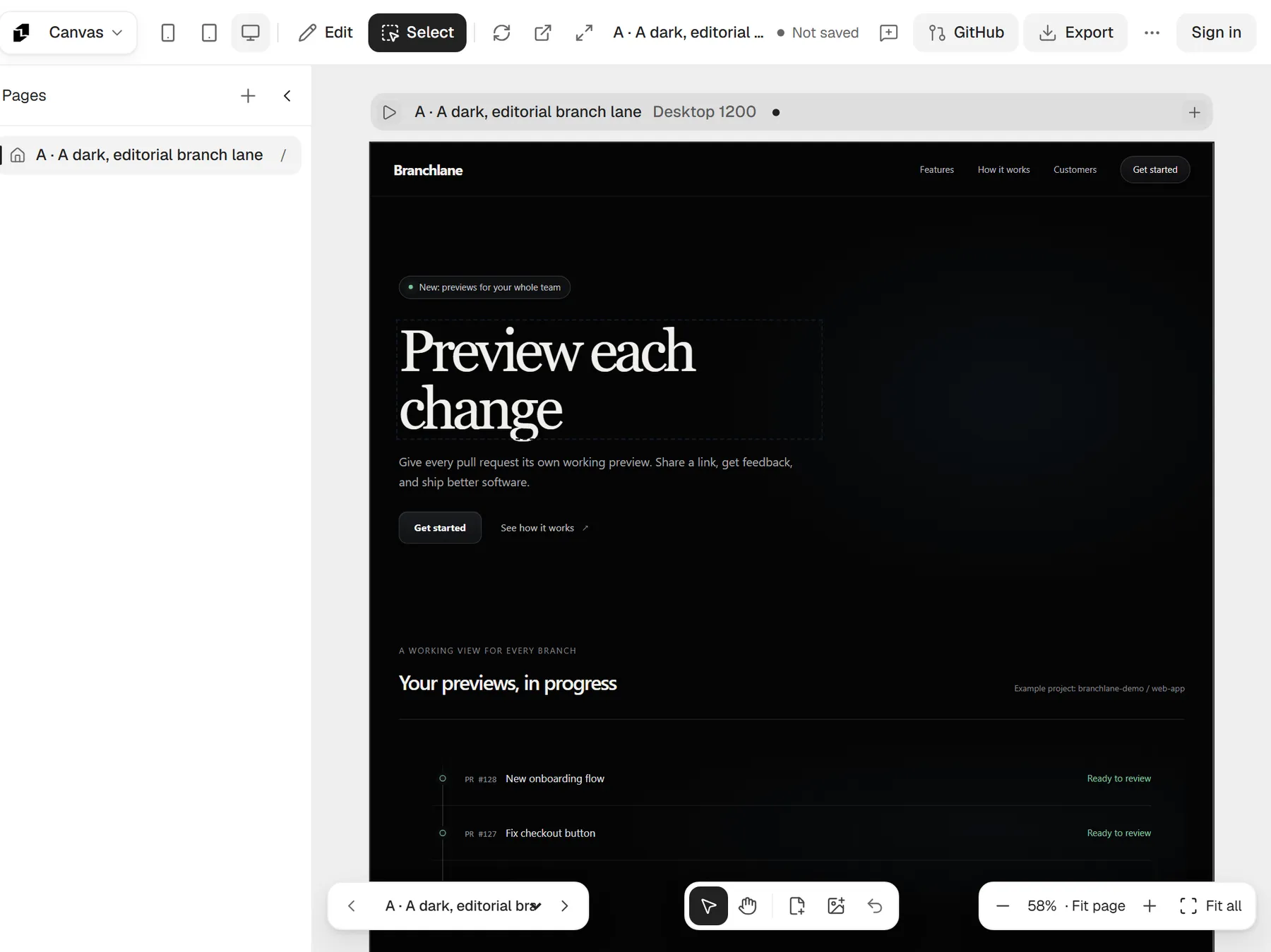Selecting a heading on the canvas to edit it