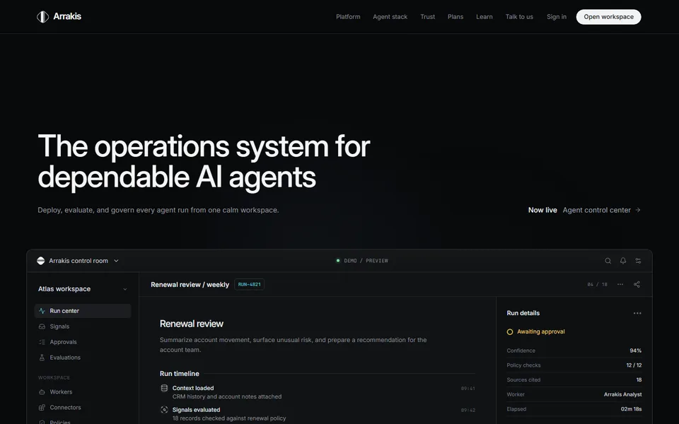 Iter0 Agent Operations website example with a dark technical product interface