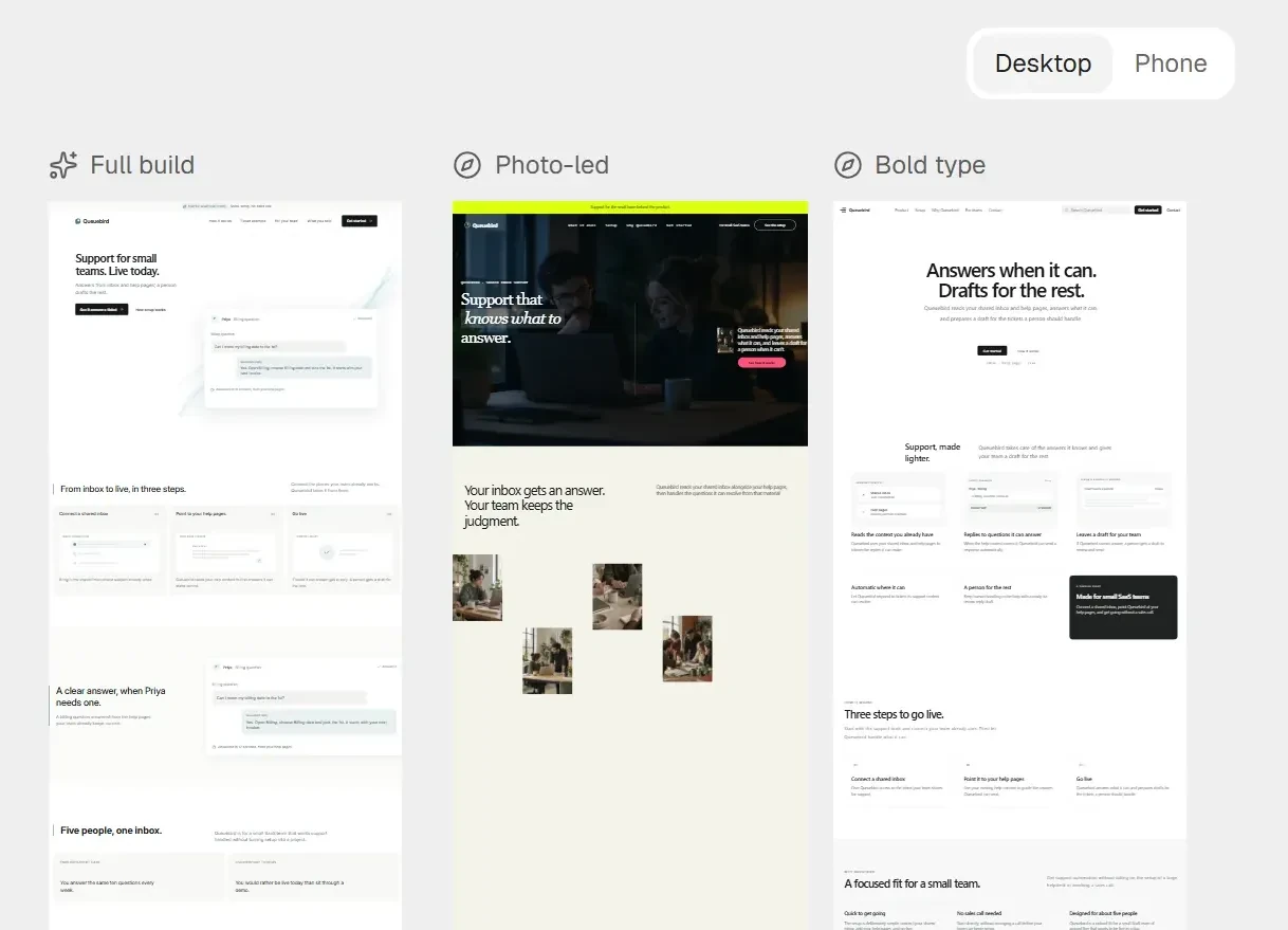 Three designs side by side on the builder canvas