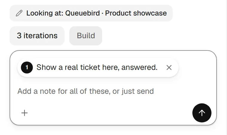 The chat box with a note on the clicked part of the page: “Show a real ticket here, answered.”