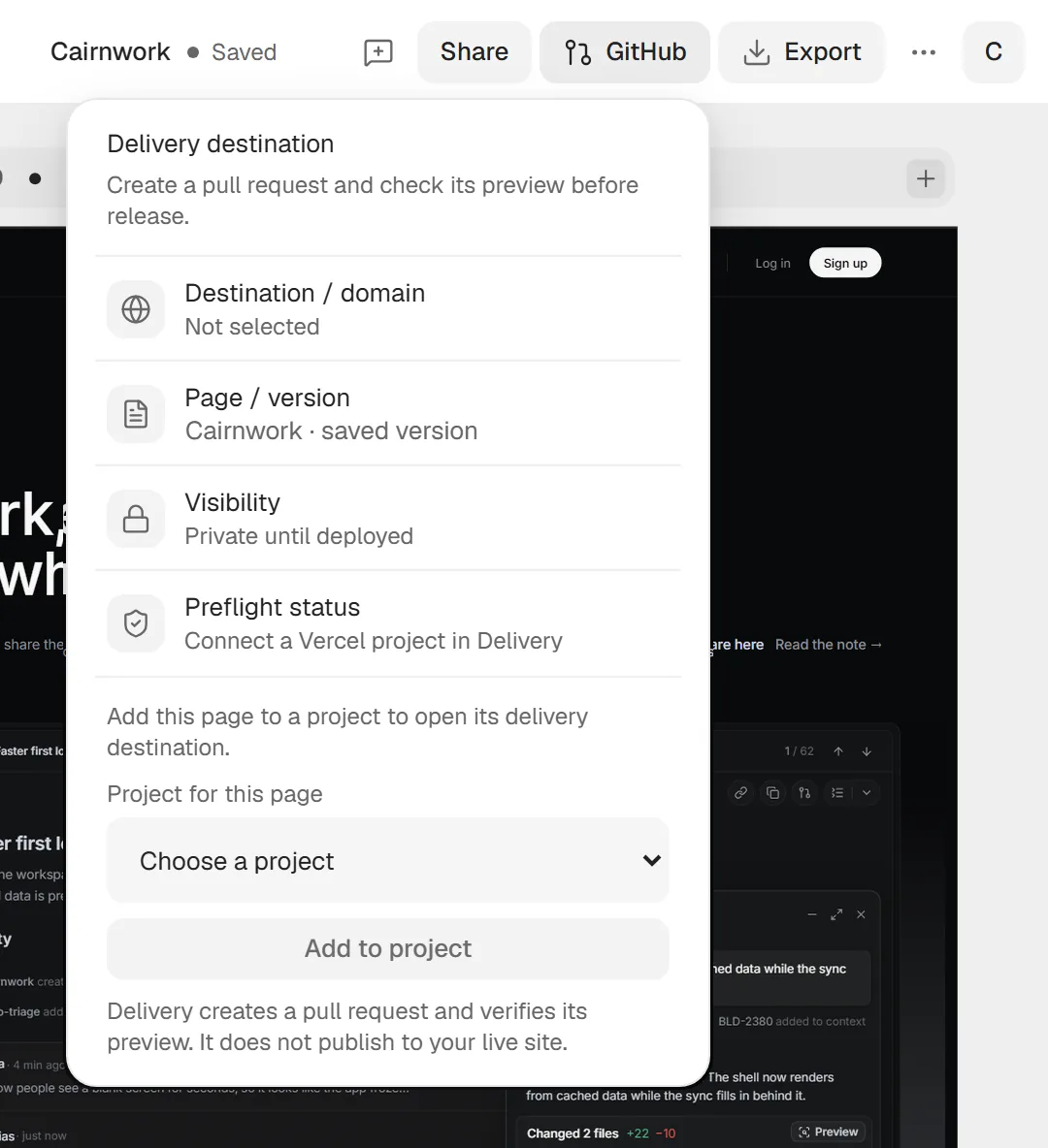 Das GitHub-Menü im Website-Editor: Ziel, Seite, Sichtbarkeit und Projekt für die Seite