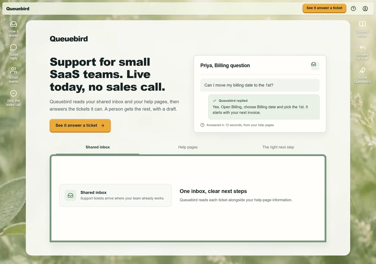 A researched Queuebird site: the sharpened headline next to a customer’s ticket and Queuebird’s reply