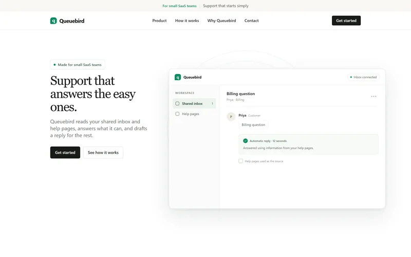 Queuebird-Startseite, schneller Entwurf: eine helle Seite mit der Überschrift „Support, der einfache Fragen beantwortet“ links und rechts einem Fenster des gemeinsamen Postfachs, in dem Priyas Abrechnungsfrage beantwortet ist