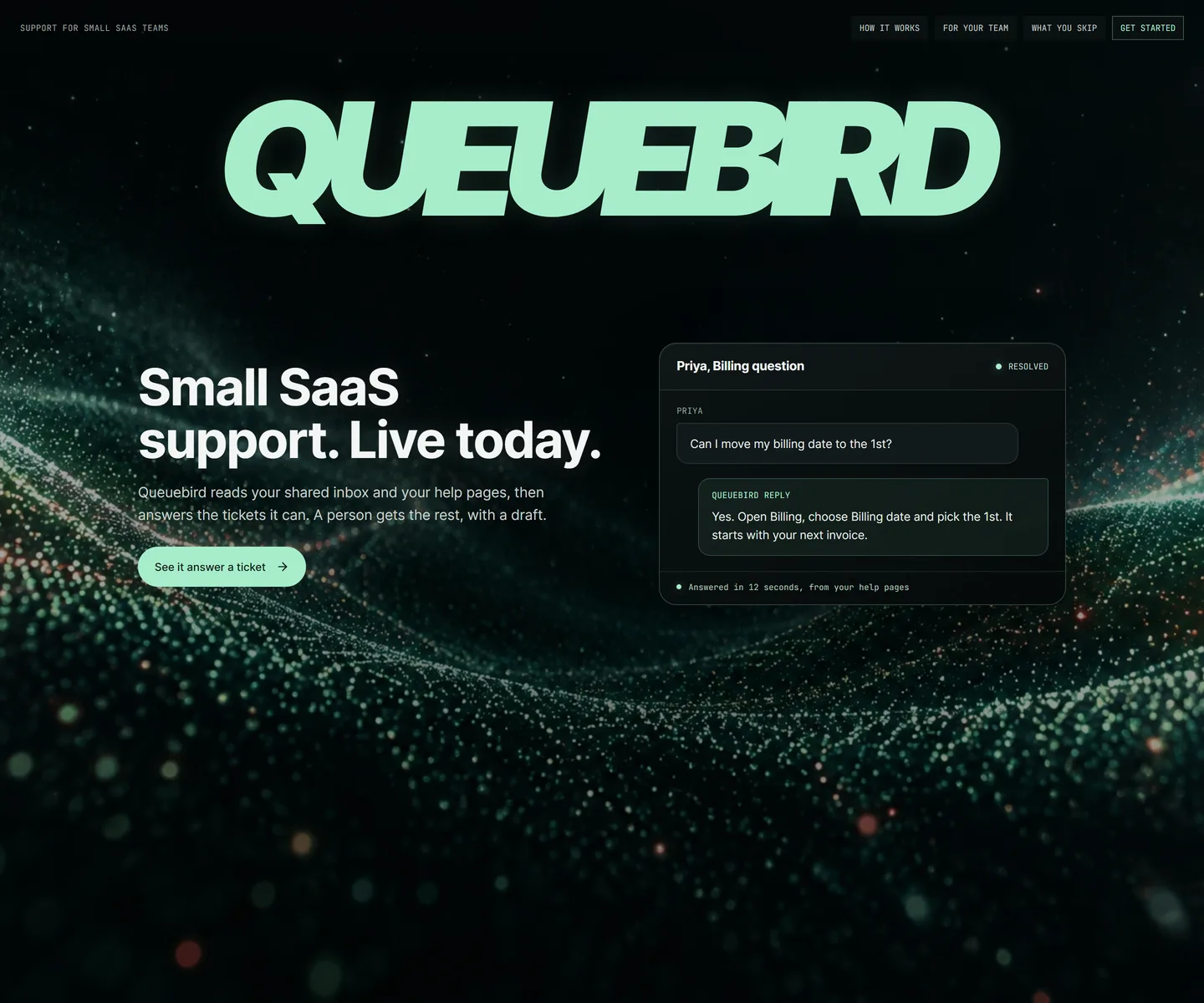 Queuebird homepage, full build: a dark page with a large neon QUEUEBIRD wordmark over a green particle wave, and Priya’s billing ticket with Queuebird’s reply in a card