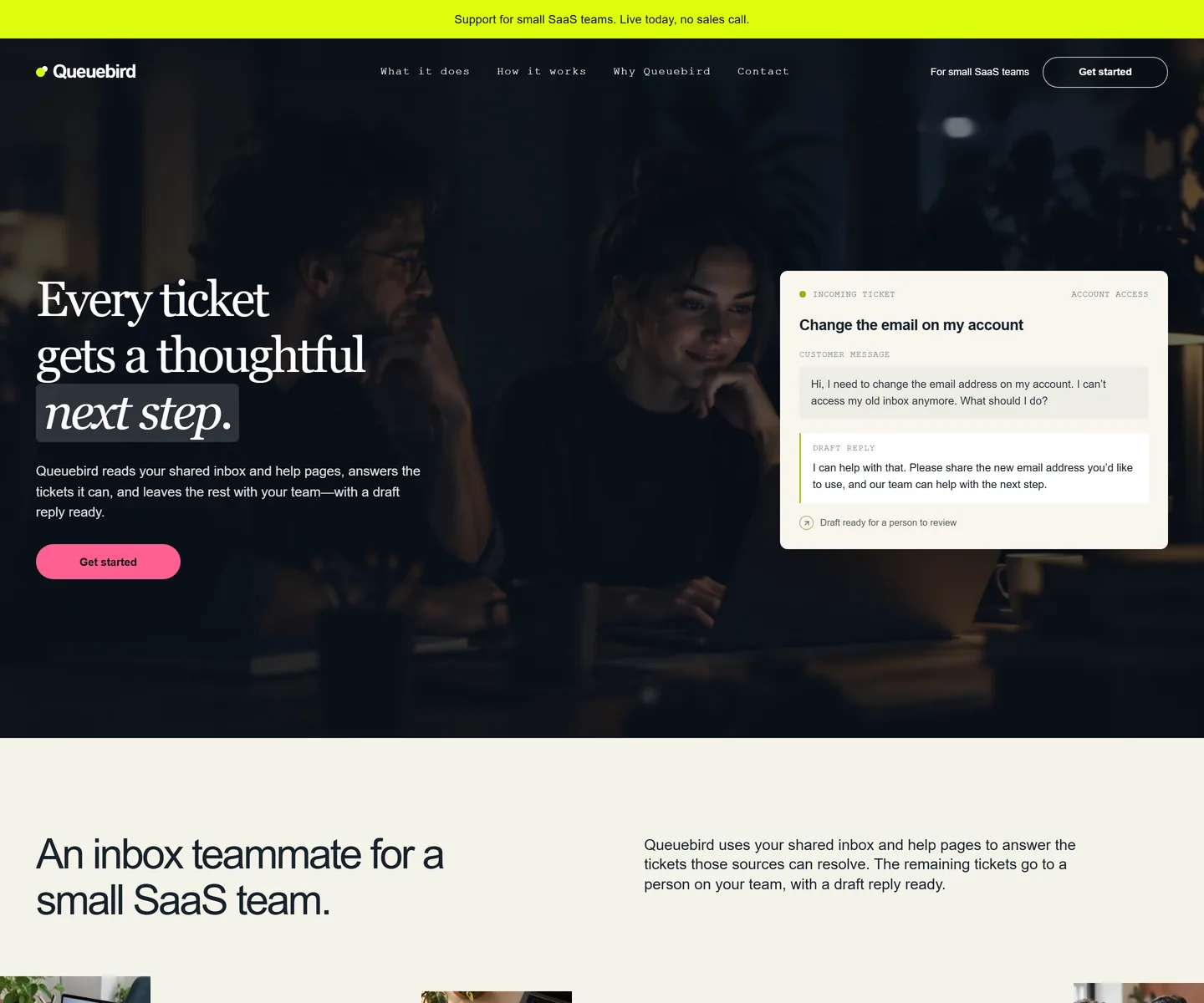Queuebird homepage, photography: two people at a laptop in a dim room behind the headline “Every ticket gets a thoughtful next step”, with a ticket card on the photo