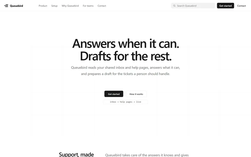 Queuebird-Startseite, große Typografie: eine weiße Seite mit einer übergroßen, zentrierten Überschrift, „Antwortet, wenn möglich. Entwürfe für den Rest.“
