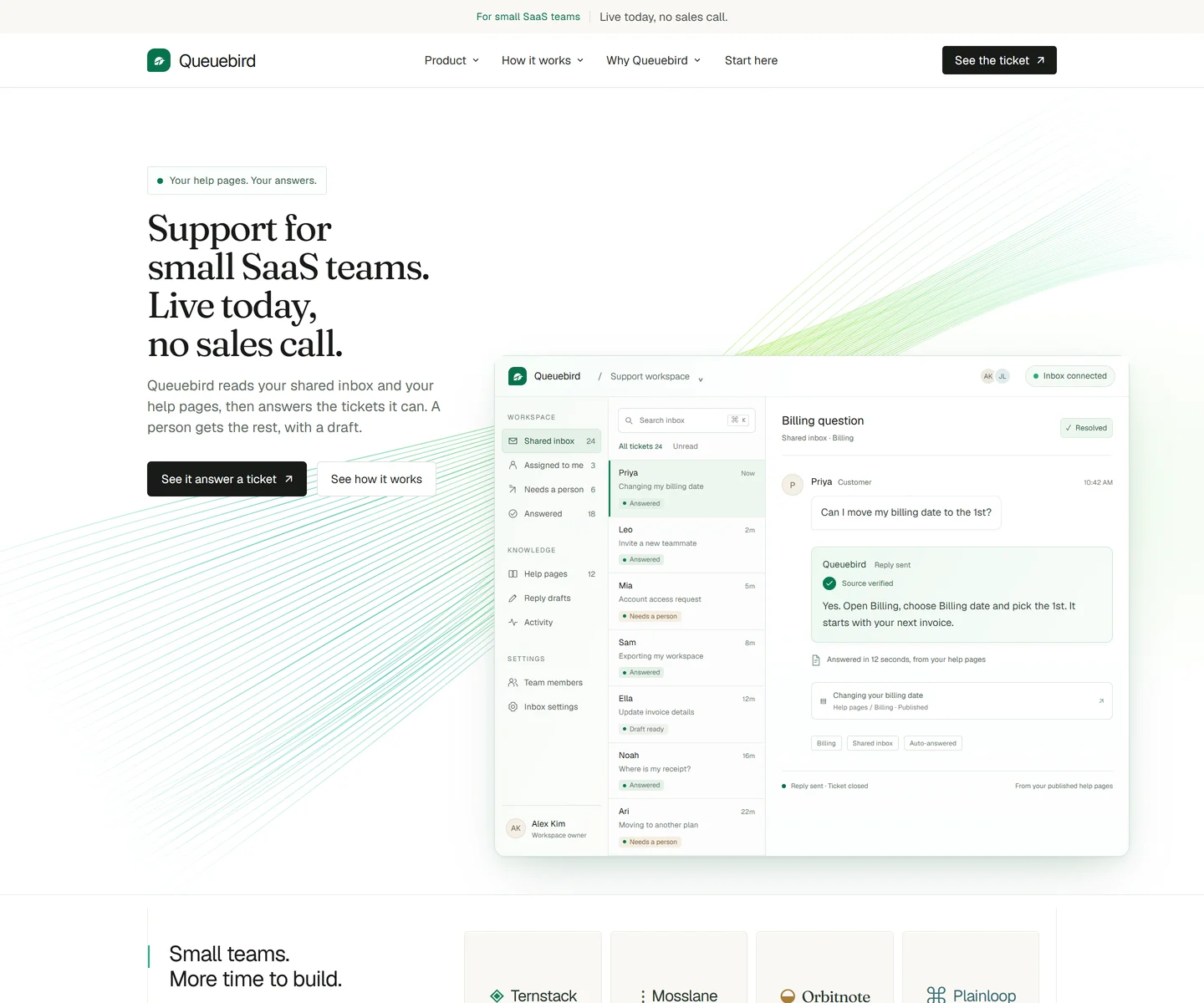 Queuebird-Startseite, ein Support-Tool für kleine SaaS-Teams: die Überschrift „Support für kleine SaaS-Teams. Heute live, ohne Verkaufsgespräch.“ neben einem gemeinsamen Postfach mit beantworteter Abrechnungsfrage